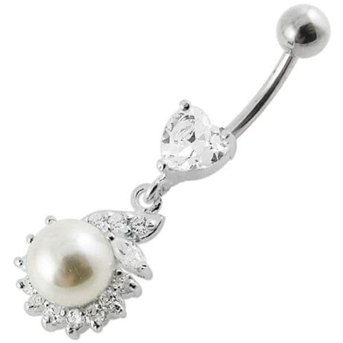 Jeweled Heart Pearl Dangling Navel Ring