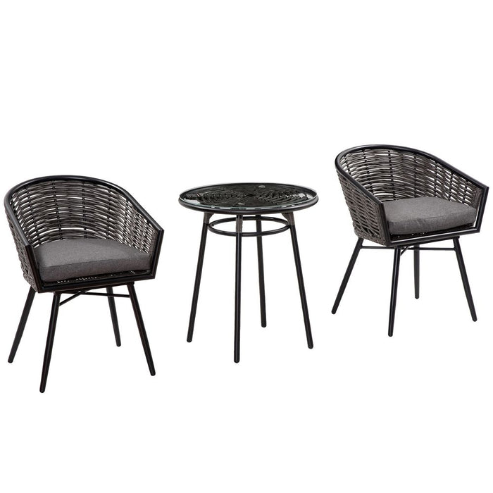 Premium Grey Rattan Bistro Set - 2 Chairs & 1 Coffee Table - Outdoor & Patio Furniture