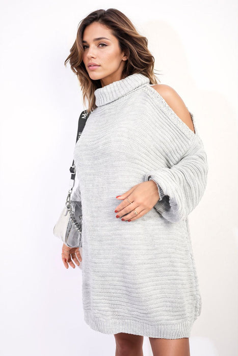 Ultra-Soft Oversized Knitted Jumper: High Neck, Open Shoulder - Stay Warm and Fashionable!