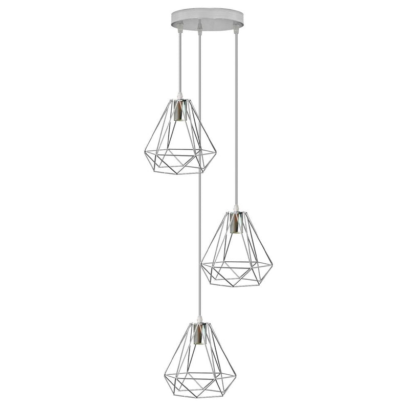 Vintage 3-Head Round Base Chrome Pendant Light | Industrial Wire Cage | E27 Base | 20cm | Rustic Décor