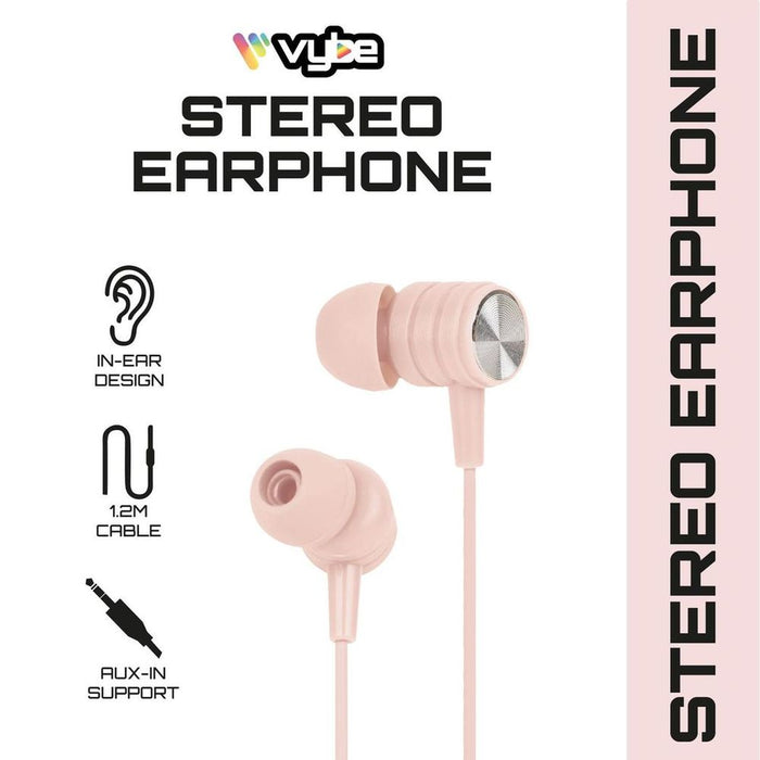 Vybe Bass Enhancer Earphones - One-Touch Remote, AUX-in, Stereo - Pink