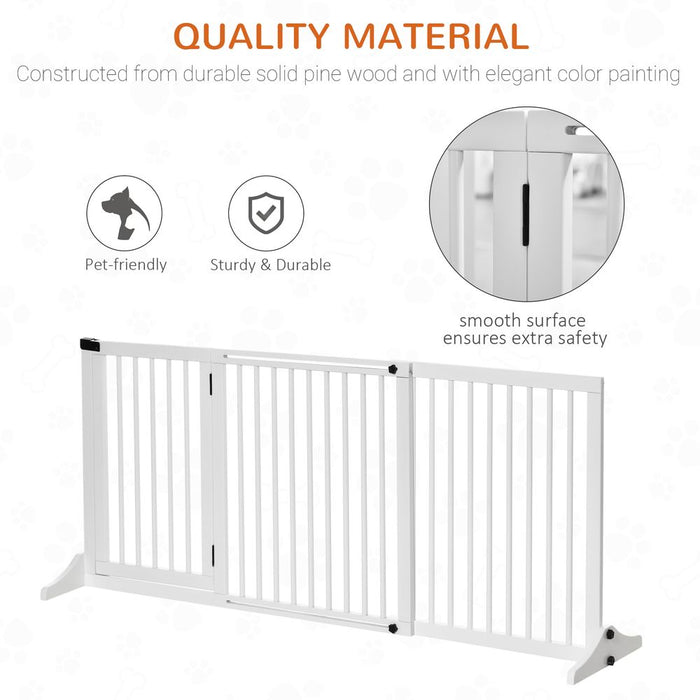 PawHut Adjustable Wooden Pet Gate Freestanding Dog Barrier Fence Doorway 3 Panels Safety Gate w/Lockable Door White 71H x 113-166W cm