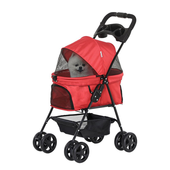 PawHut Dog Pram Dog Stroller Foldable Pet Pushchair with 4 Wheels, Safety Leashes, Cup Holder for Small Dogs, Red