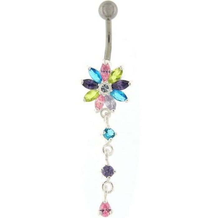 Flower Dangling Jeweled Curved Bar Belly Ring