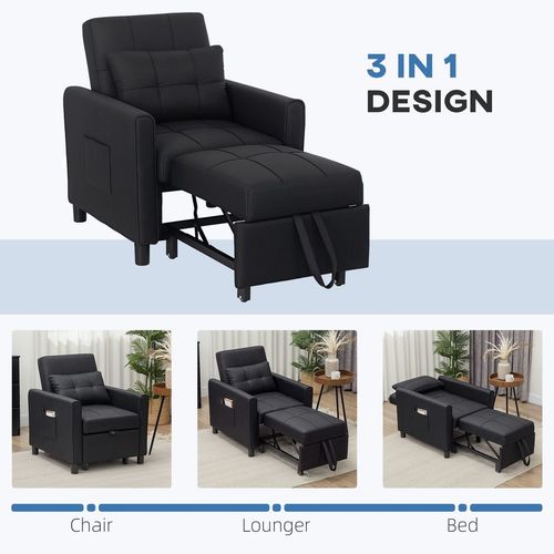 HOMCOM Folding Chair Bed, Sleeper Chair with Pillow, Side Pockets, Black