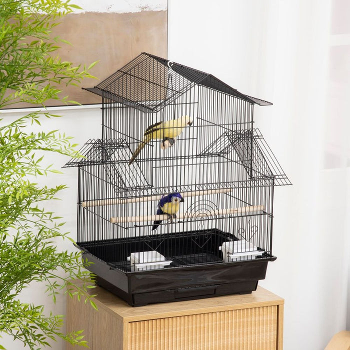 High-Quality Metal Bird Cage w/ Plastic Perch & Food Container - 50.5x40x63cm - Black