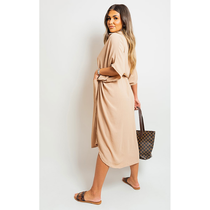 Button Down Collared Midi Dress with Two Front Pockets