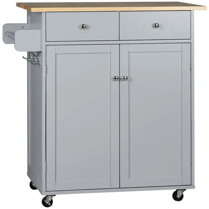 Rolling Kitchen Cart with Rubber Wood Top, Towel Rack, Hooks and Drawers Grey