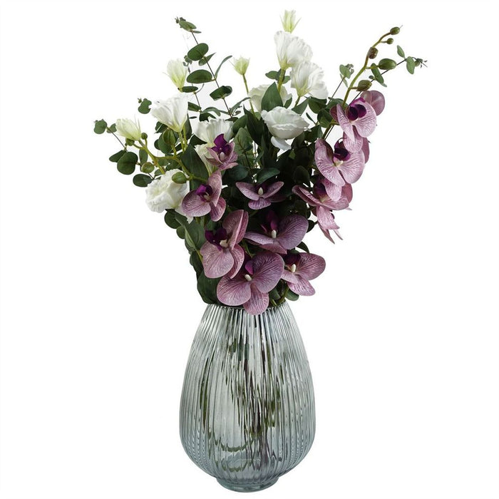 Premium 30cm Smoke Grey Ridged Glass Vase - Elegant, Hand-Finished, High-Quality - Perfect for Real & Artificial Flowers