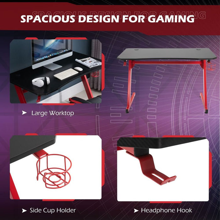 Gaming Desk Steel Frame Cup Headphone Holder Adjustable Feet Home Red