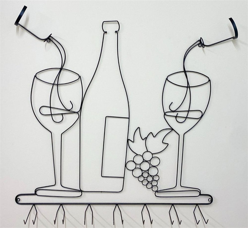 Organize your wine collection with this sleek black wire wine holder. Holds 2 bottles and 7 glasses.