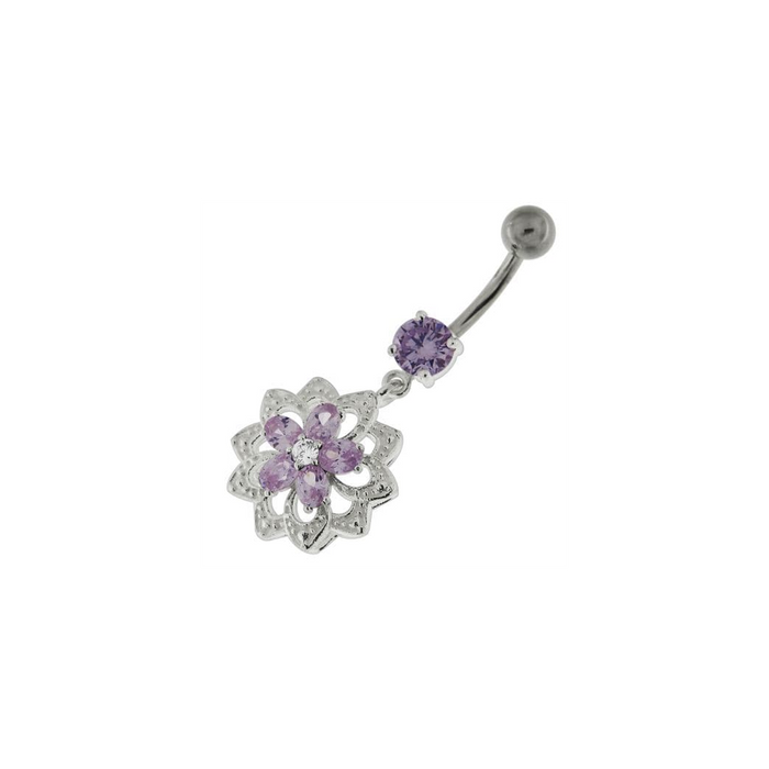 Jeweled Filigree Flower Sterling Silver Belly Button Ring