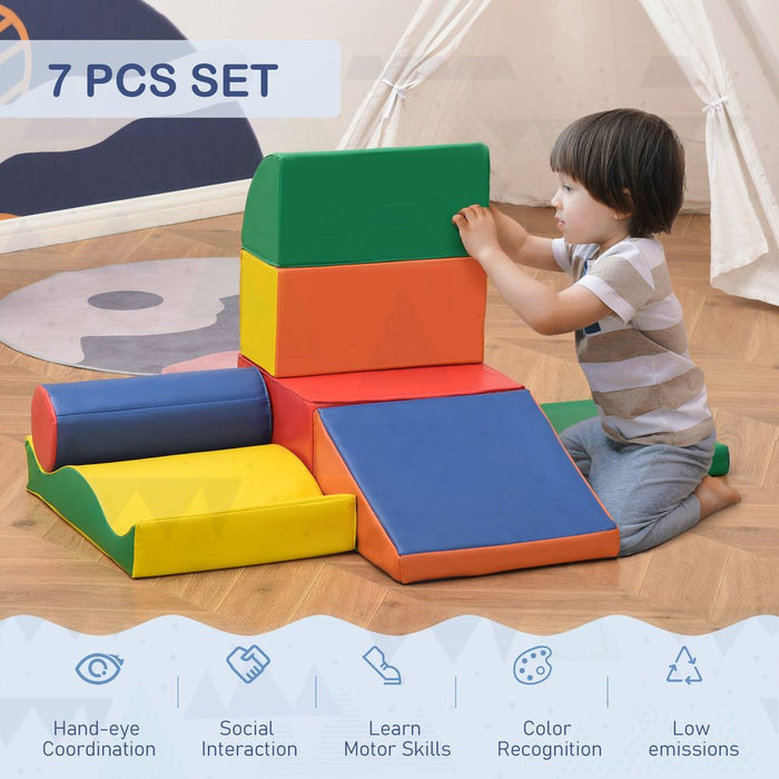 HOMCOM 7 Piece Climb and Crawl Activity Play Set Kids Soft Foam Blocks Toddler Soft Play Equipment Building and Stacking Blocks Educational Play