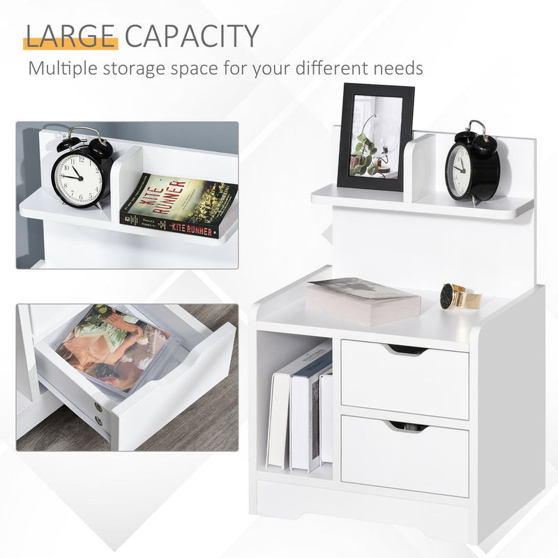 HOMCOM Bedside Table, Small Bedside Cabinet with 2 Drawers and Storage Shelves, Accent Table for Living Room, Bedroom, White