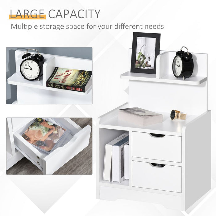 HOMCOM Bedside Table, Small Bedside Cabinet with 2 Drawers and Storage Shelves, Accent Table for Living Room, Bedroom, White
