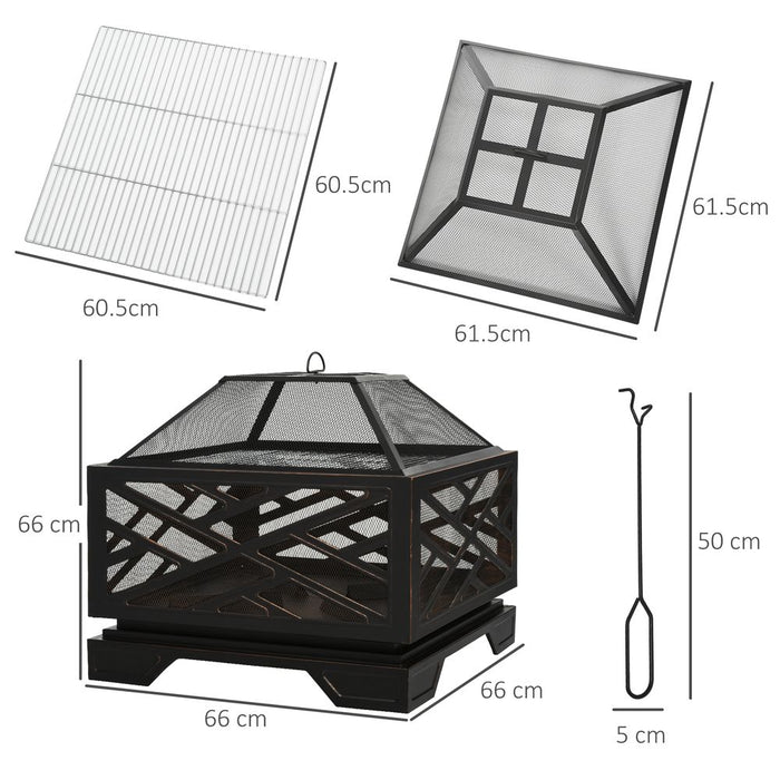 Premium 66cm Square Fire Pit BBQ - Metal Brazier, Screen Cover, Poker - Black