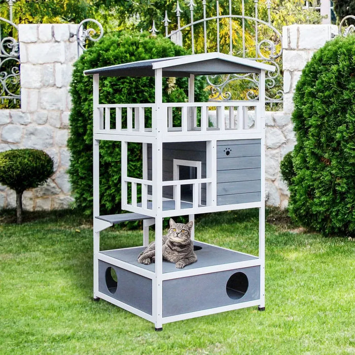 Cat House 3-Tier Waterproof Paint w/ Tilted Roof Bottom Tray Elevated Base