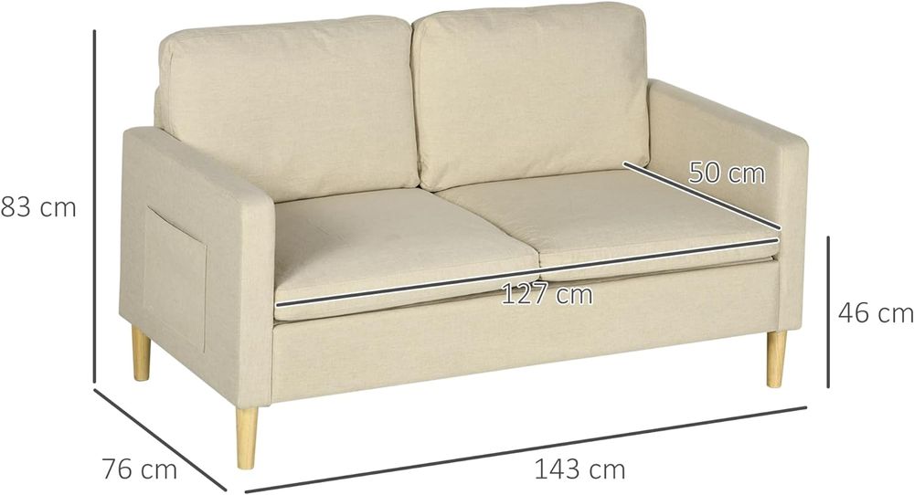 HOMCOM 2 Seater Sofa Modern Fabric Couch with Wood Legs and 2 Pockets Beige