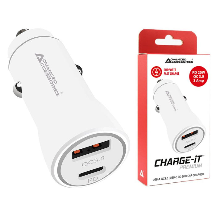 AA CHARGE-iT Premium Dual Car Charger - USB-A (QC 18W) USB-C (PD 20W) - White