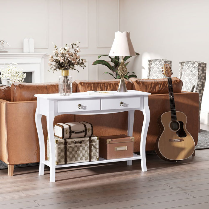 Console Table Storage Display Desk W/ 2 Drawers-Ivory White