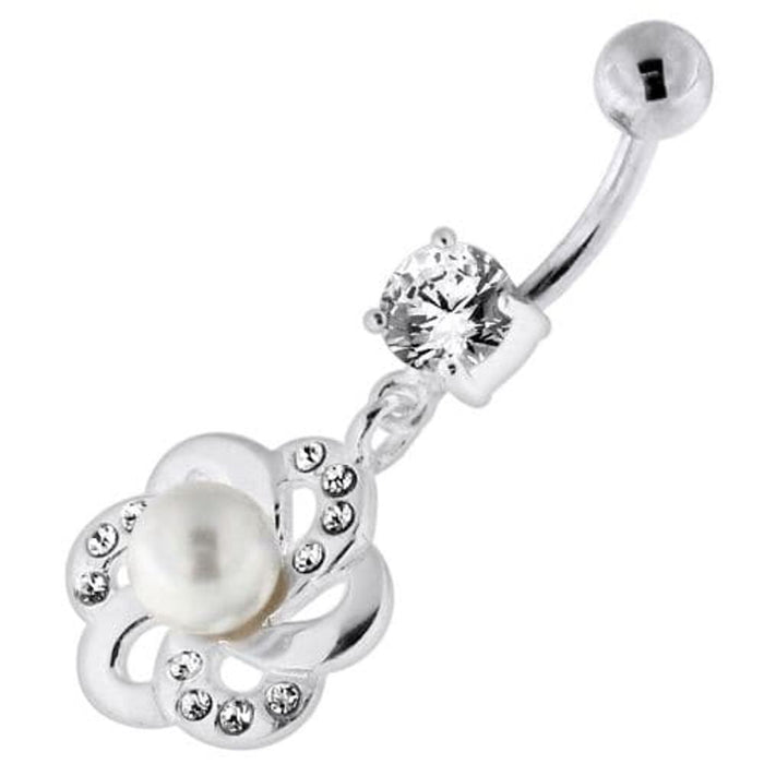 Jeweled Flower with Center Pearl Swirl Navel Belly Piercing