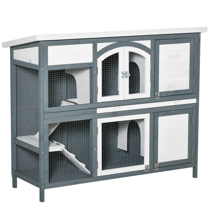 PawHut Rabbit Hutch Outdoor Guinea Pig Hutch 2 Tier Wooden Cage w/Ramp, Divider, Openable Roof, 125 x 48 x 100cm, Grey