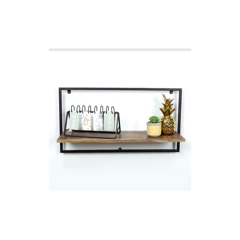 Sturdy Dark Oak Floating Wall Shelf - PARGI: Wide Design, Black Frame