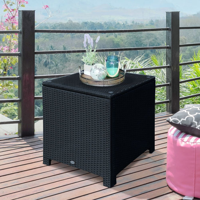 Outsunny Rattan Side Table - Outdoor Wicker with Tempered Glass Top, Sturdy Steel Frame - Black