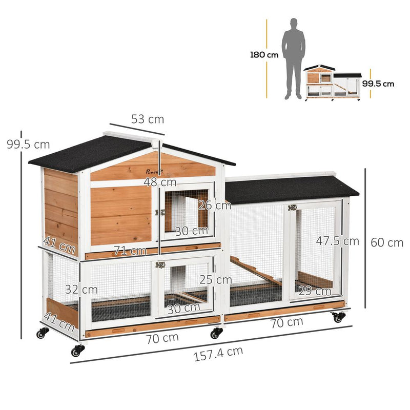 PawHut Rabbit Hutch Outdoor with Run Guinea Pig Hutch 2-Tier Bunny Cage w/Wheels No-Leak Plastic Tray 157.4 x 53 x 99.5 cm - Yellow