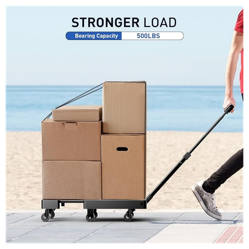 SPACEKEEPER Folding Hand Trolley, 227KGS Heavy Duty Platform Trolley with 6 Wheels and 2 Elastic Ropes for Luggage, Travel, Car, Shopping, Moving and Office, Orange