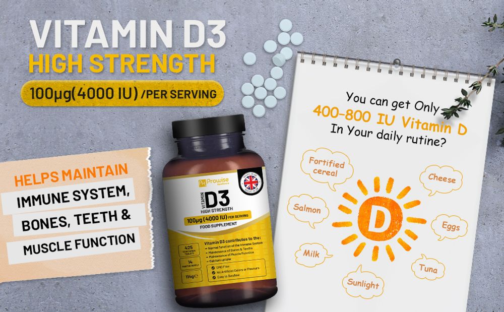 Vitamin D3 4000 IU High Strength I 425 Vegetarian Tablets (14 Months Supply) I Easy Swallow Vitamin D3 Supplement for Immune Support, Calcium Boost, Bone & Muscle I Vitamin D Made in the UK by Prowise