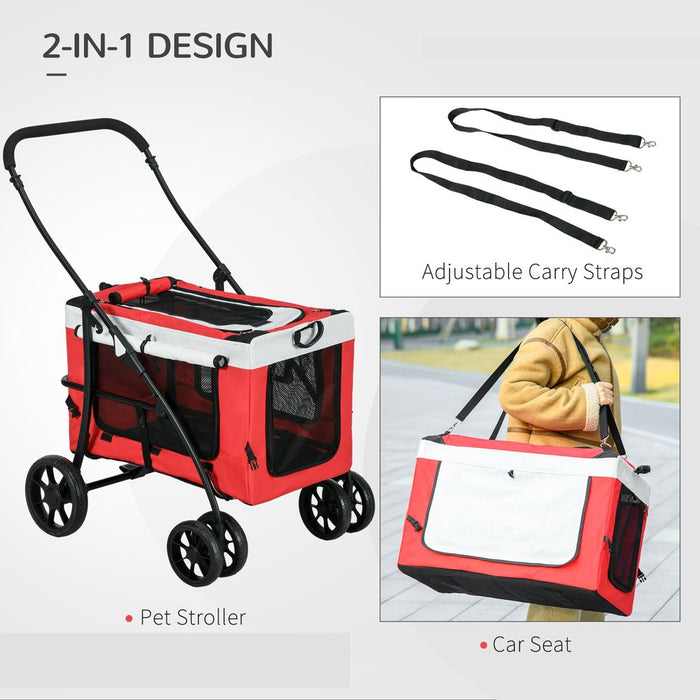 Ultimate Foldable Pet Stroller: Red, Detachable Carrier, Soft Padding - Perfect for Active Pet Owners!