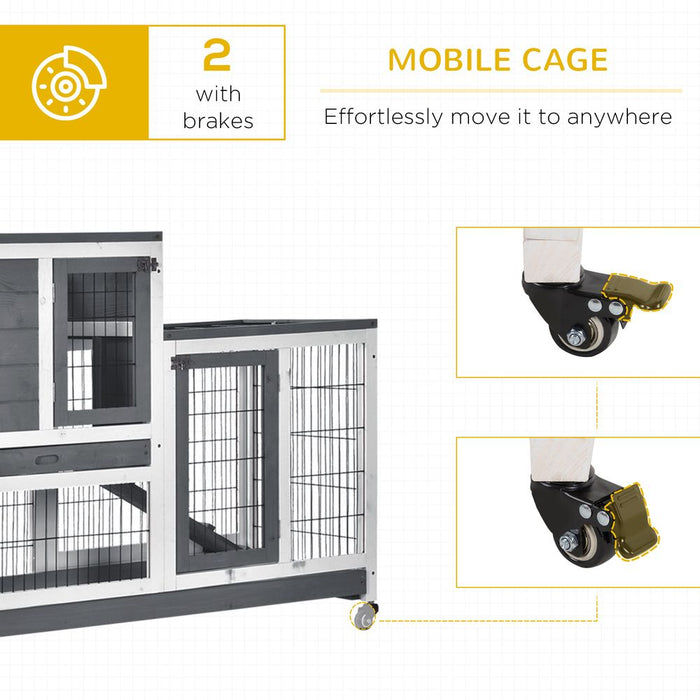 PawHut Wooden Indoor Rabbit Hutch Guinea Pig House Bunny Small Animal Cage W/Wheels Enclosed Run 110 x 50 x 86 cm, Grey