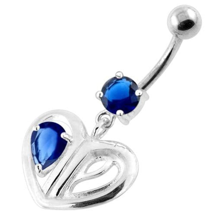 Jeweled Heart Cut out 925 Sterling Silver Navel Bar