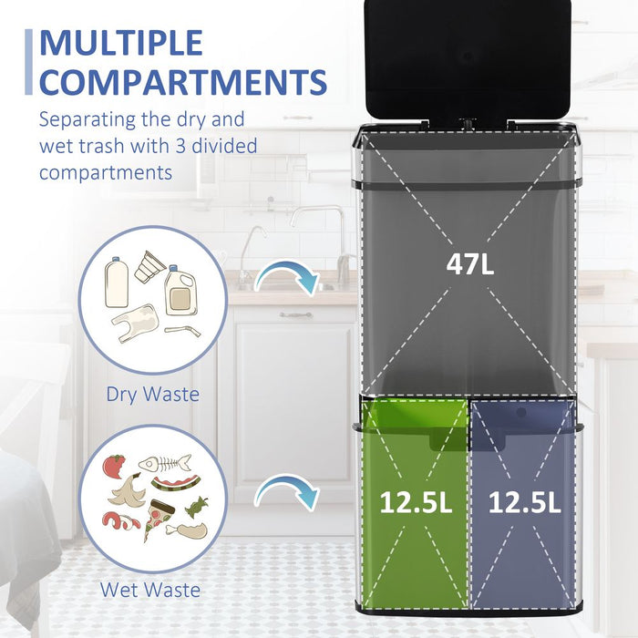 HOMCOM 72L Recycling Sensor Bin Stainless Steel 3 Compartments For Both Wet/Dry Waste w/Removable Lid Kitchen Home