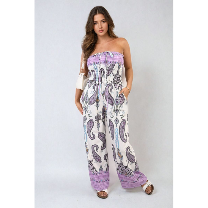 Shirred Strapless Printed Jumpsuit - Effortlessly Chic & Comfortable - Vibrant Print & Wide-Leg Pants - Versatile & High-Quality.