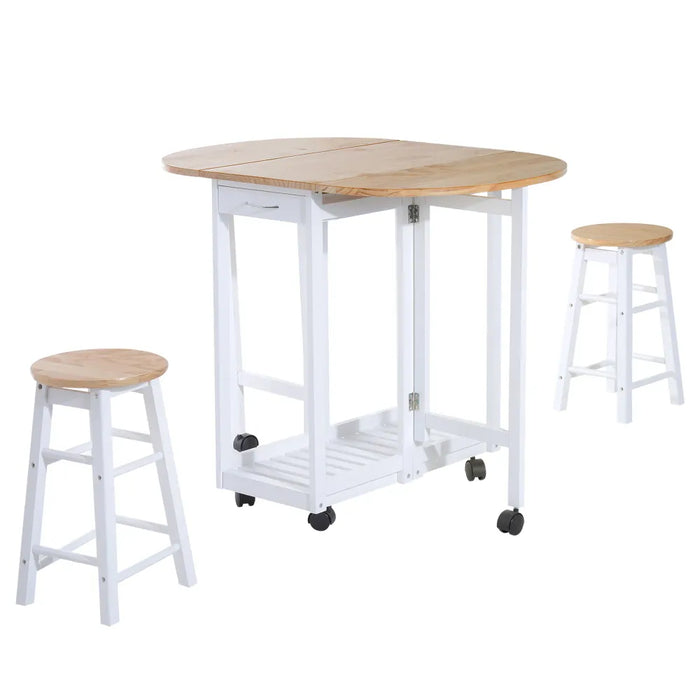 3pc Wooden Kitchen Cart Mobile Rolling Trolley Folding Stools Wheels Drawers