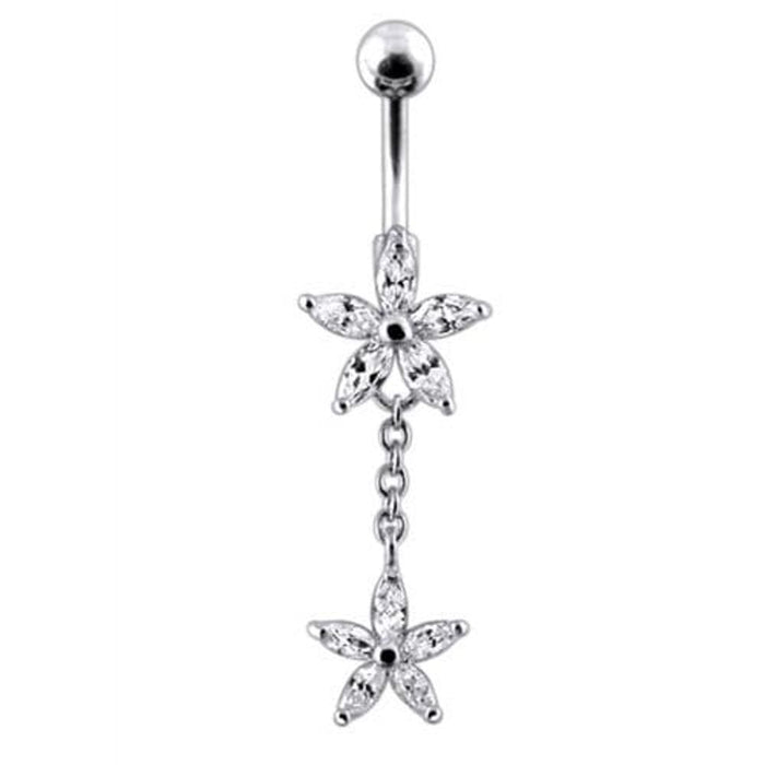 Fancy Jeweled Double Flower Dangling SS Banana Bar Navel Ring