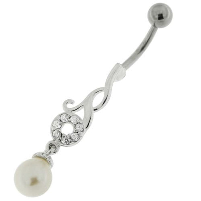 Jeweled Fancy Pearl Dangling Steel Banana Bar Navel Belly Ring