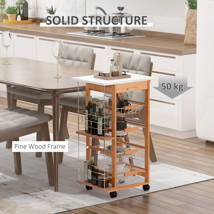 Premium MDF Kitchen Trolley - Storage Cart with 4 Baskets, Spice Racks, and Smooth Wheels - Brown