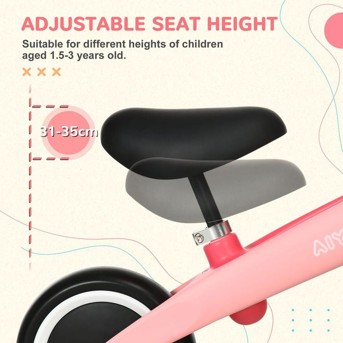 AIYAPLAY Baby Balance Bike - Adjustable Seat, Wide Wheels - Pink. Strengthen leg muscles. Safe & comfortable. Portable. Certified. 25kg max load.