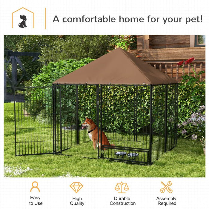 Premium Outdoor Dog House Kennel: Canopy Top, Secure Lock, and Rotating Bowl Holder