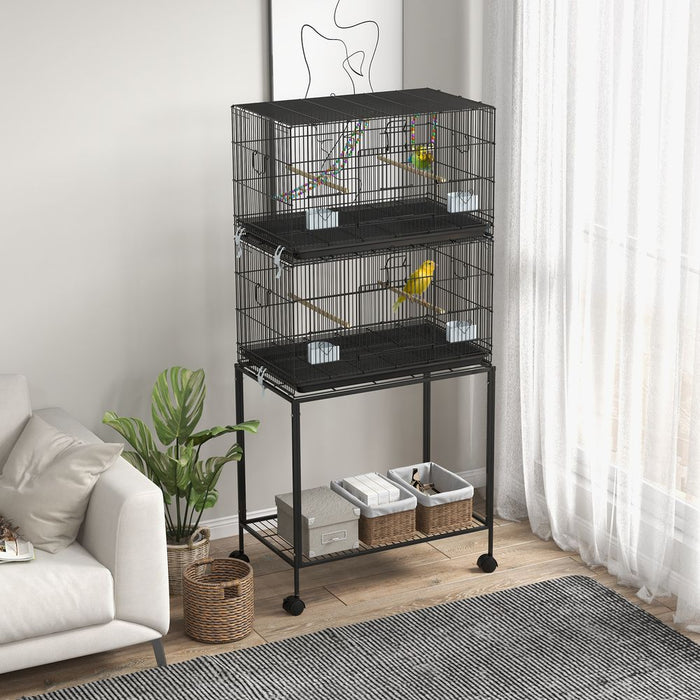 PawHut Two-Tier Bird Cage on Wheels with Stand - Quality Home for Canaries