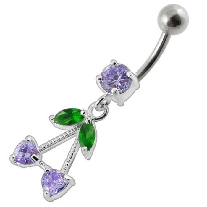 Fancy Jeweled Double Heart Stone Dangling SS Bar Belly Ring Body Jewelry