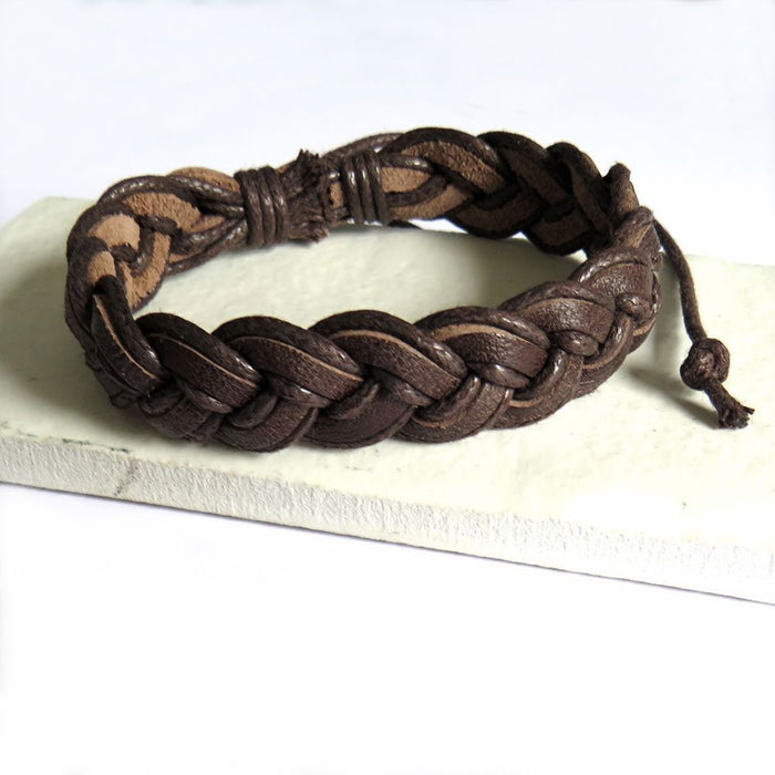 Stylish Mens Brown Pleated Leather Bracelet