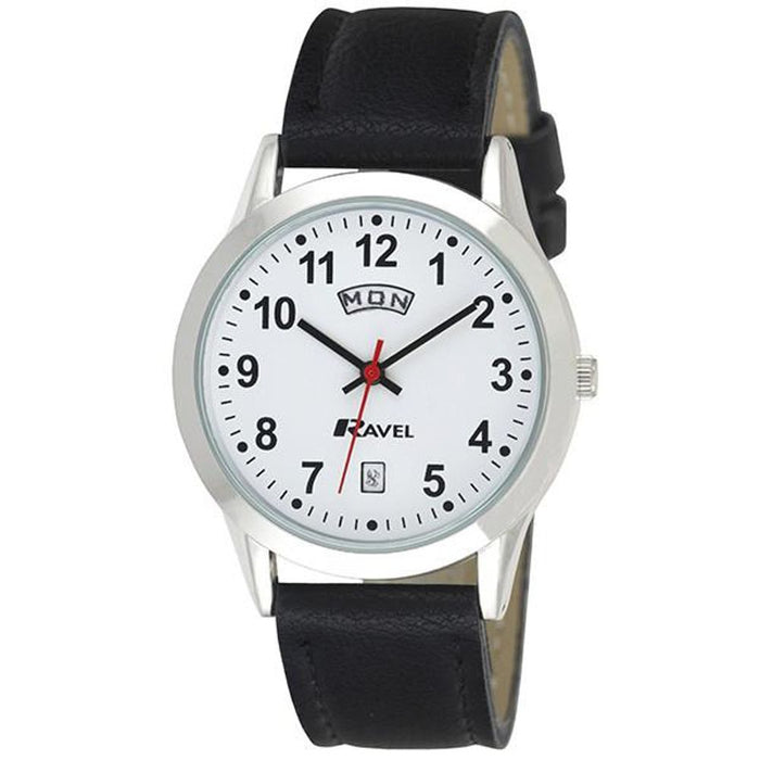 Ravel Mens Stainless Steel Day/Date Watch with Faux Leather Strap