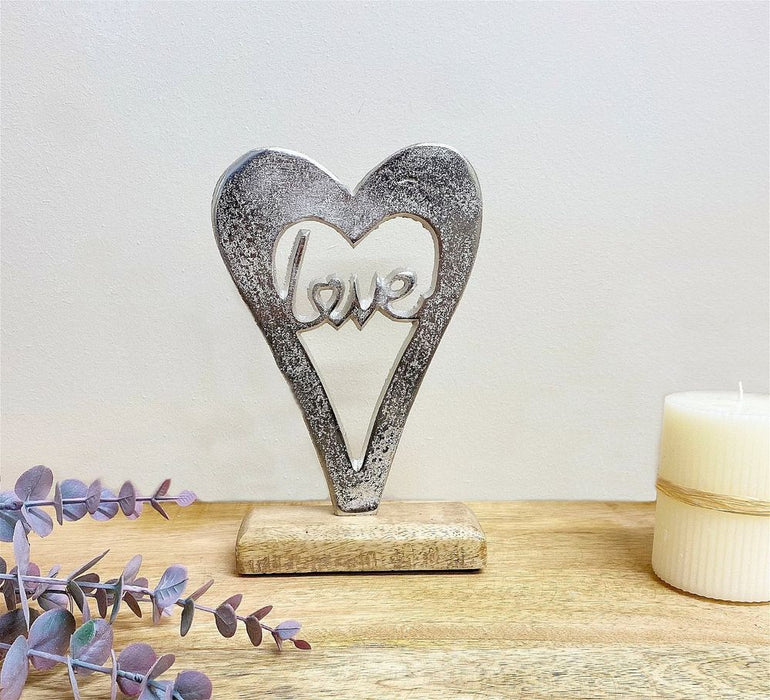 Silver Heart Love on Wooden Base - Small, Versatile Piece with D5 x H21 x W13.7cm Measurements