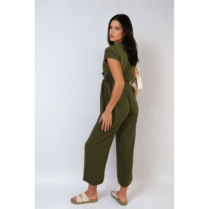 Belted V Neck Jumpsuit with Side Pockets