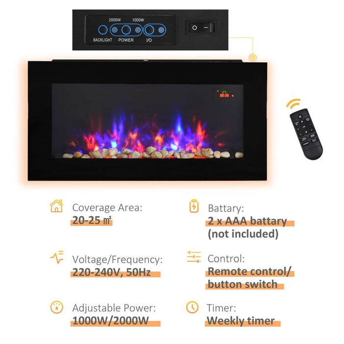 HOMCOM 1000W/2000W LED Electric Fireplace Automatic Function Remote Timer Safe