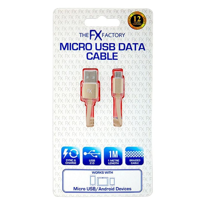 Fx Braided Micro USB Data Cable, Gold, Rose Gold, Space Grey, Silver[Gold]"
Description: "Sync & charge at faster speed, withstands repeated unplugging, compatible with various devices. 1m length. Includes 1 cable.